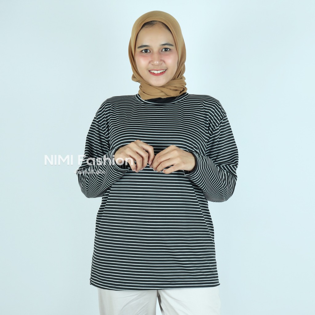 NIMIFASHION KAOS LENGAN PANJANG WANITA / BAJU LENGAN PANJANG / BAJU SALUR HITAM PUTIH BISA COD