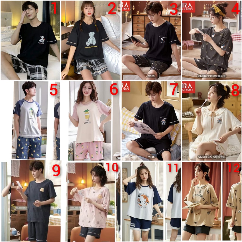 Baju tidur piyama couple lengan pendek celana pendek bahan kaos import