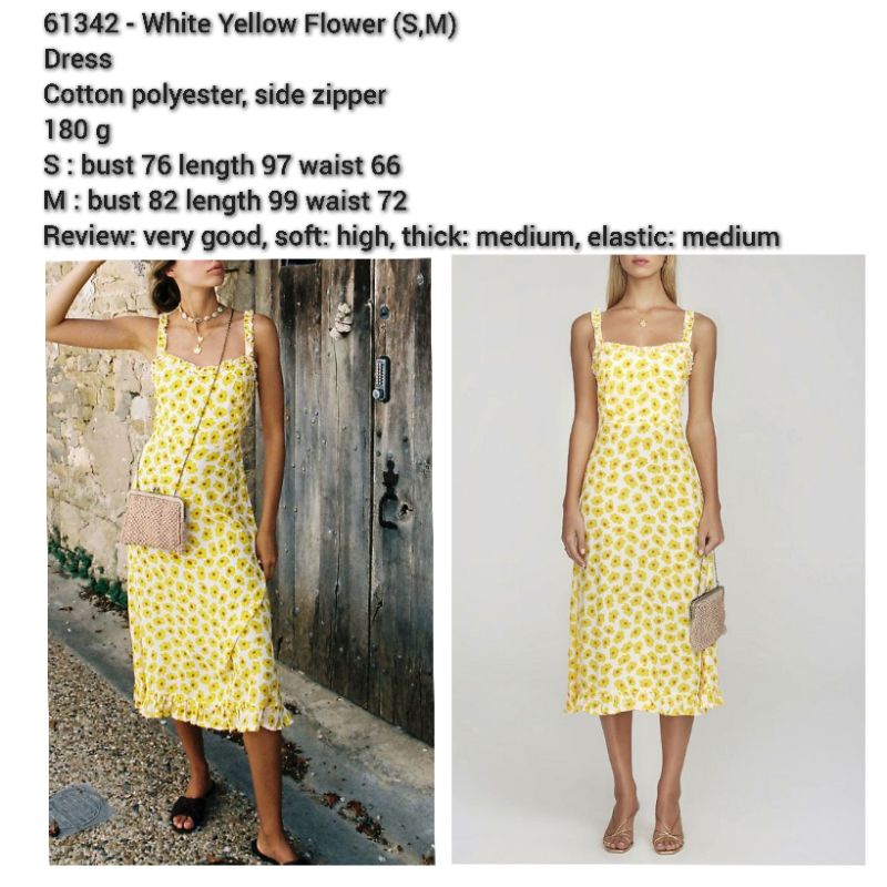 Dress midi summer santai putih kuning motif bunga tanpa lengan