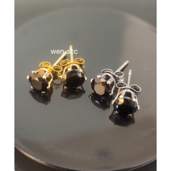 Anting Tusuk Permata Hitam Zircon Import Wanita