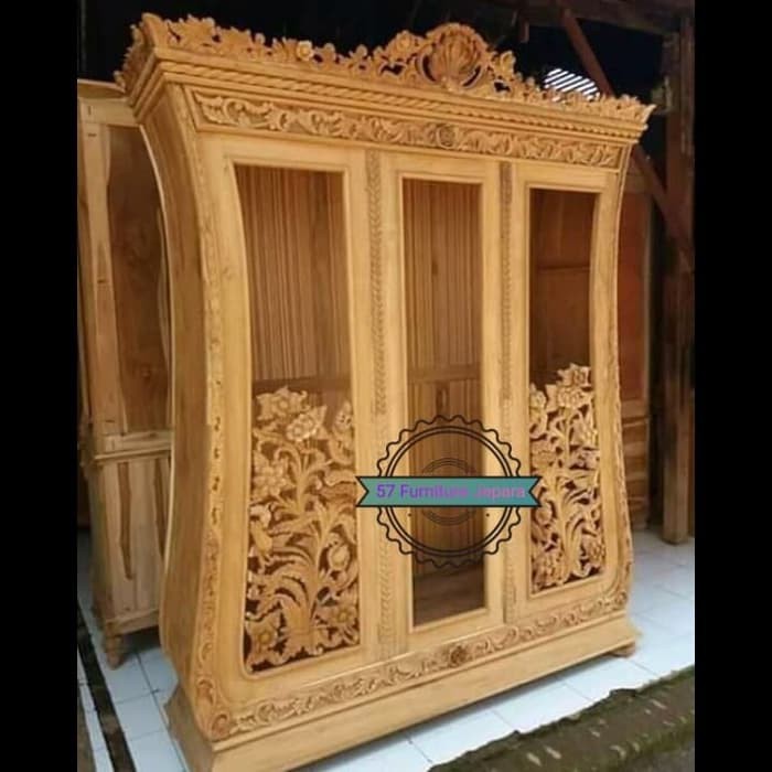 Lemari pajangan Biola jati mentahan lemari hias 3 pintu ukir Jepara