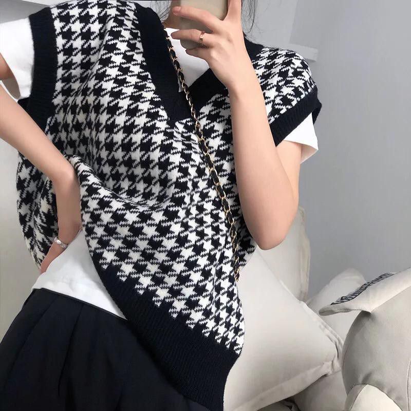 ROMPI RAJUT VEST WANITA ATASAN PAKAIAN WANITA  HOUNDSTOOTH