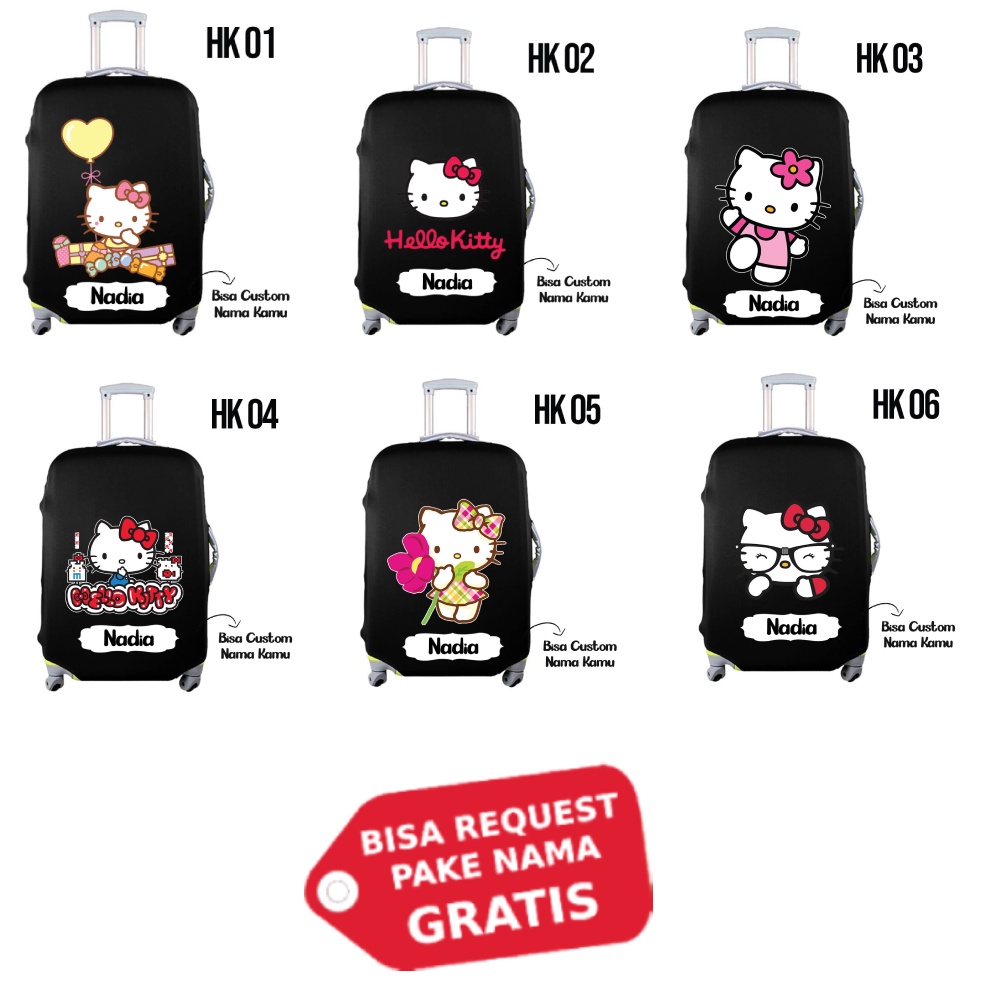 Sarung Koper Motif Hello Kitty Hitam Ukuran S M L Elastis Pelindung Cover Luggage Elastic Size 20 22