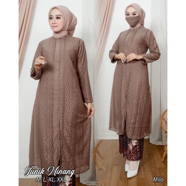Realpict Stelan tunik Minang bahan brukat malika rok plisket katun batik silk