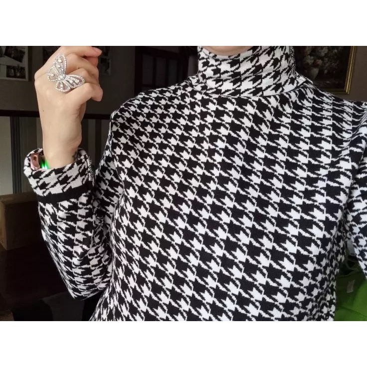 Sweater Turtleneck Houndstooth Wol Rajut