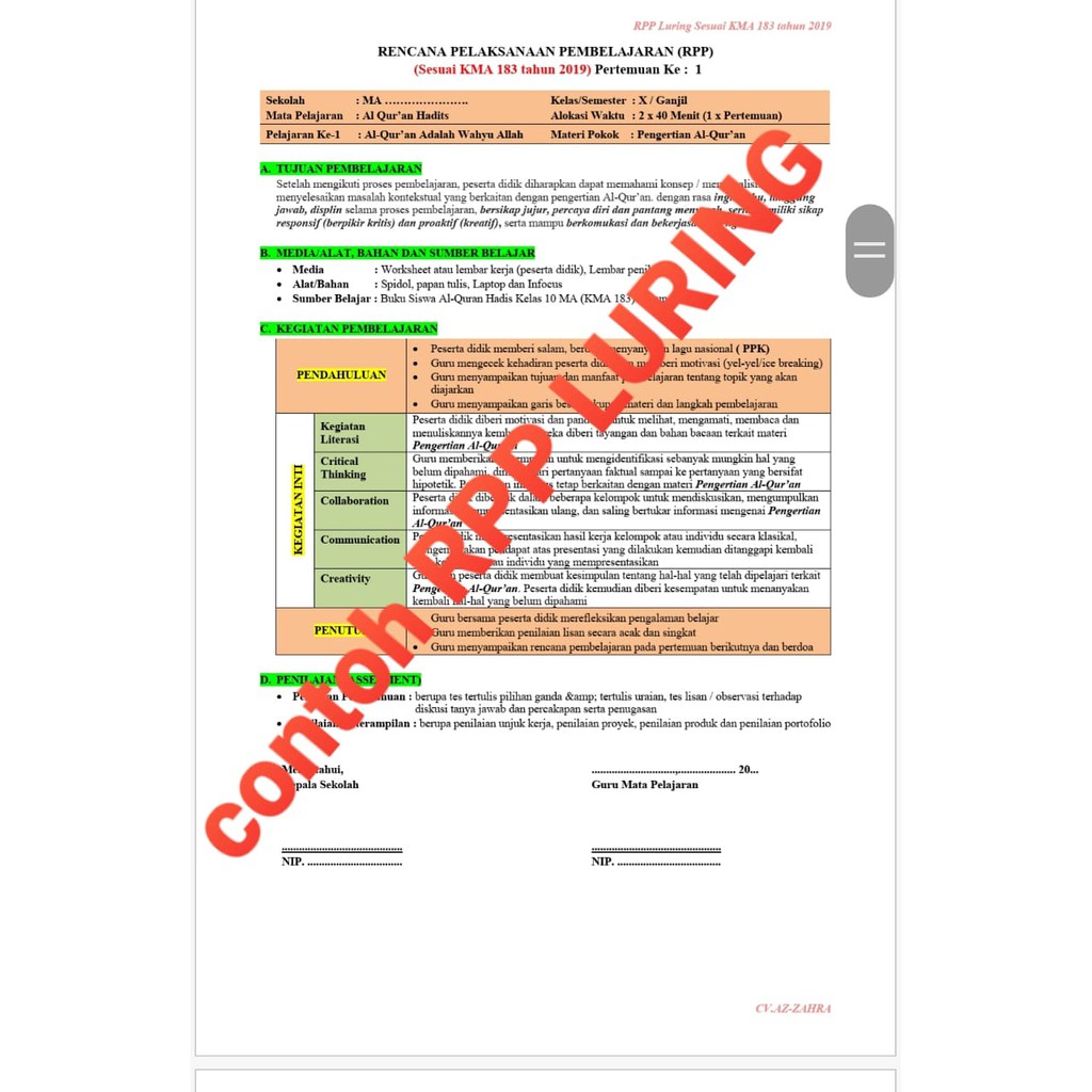 RPP 1 Lembar (RPP Daring,Luring Dan Tikom Sabar) MA Al-Quran Hadis Kelas 11 Semester1-2, Sesuai Kma 183 Tahun 2019
