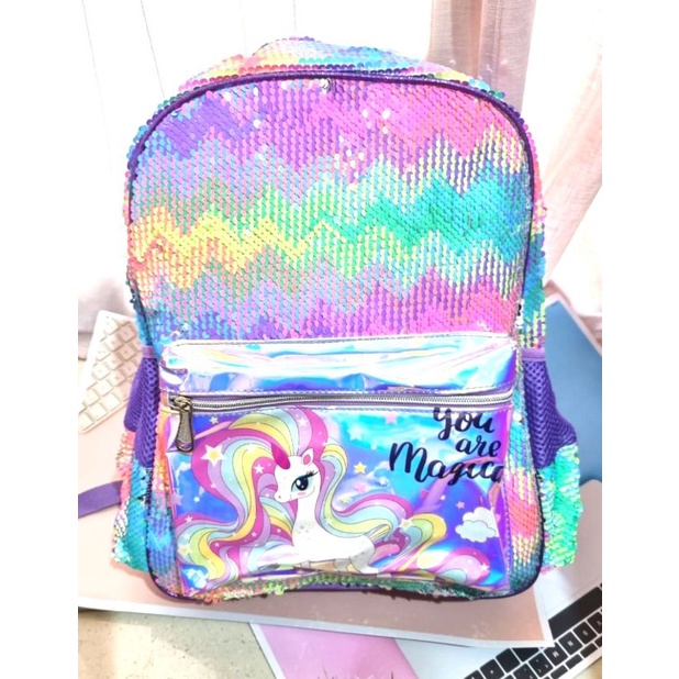 ransel sequin unicorn pelangi usap size jumbo 42 cm