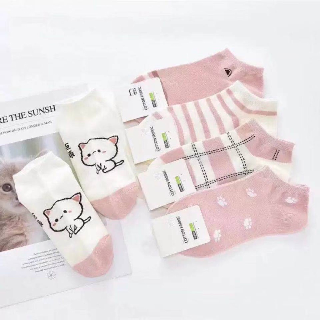 ☛TK☚ Kaos Kaki Wanita Motif Pink Cat Kucing Meow Fashion Korea Women Sock Import Murah K012