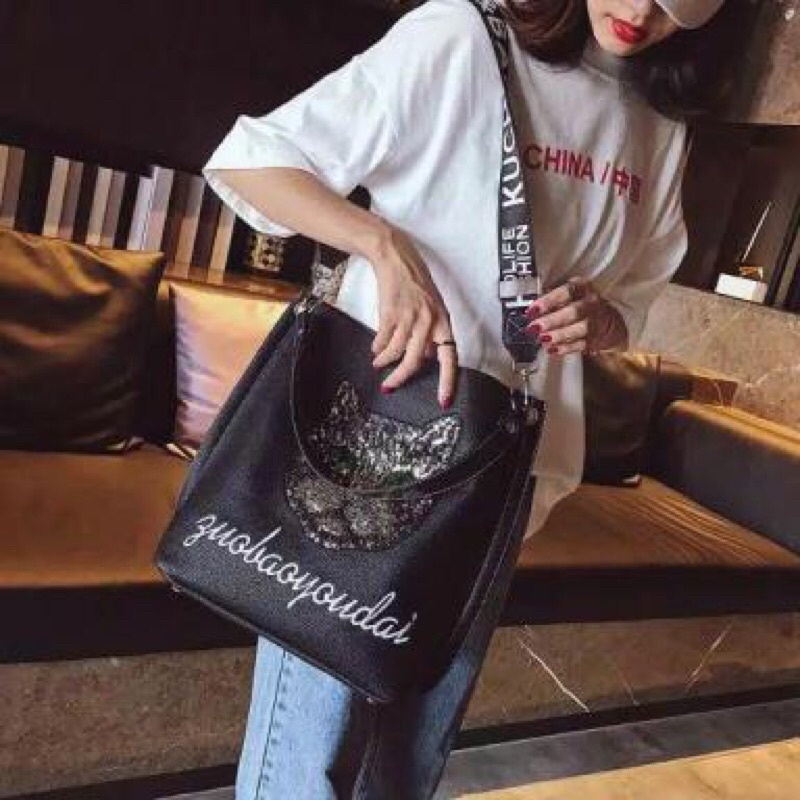 SG3313 syafniegalery tas selempang import motif kucing tote bag