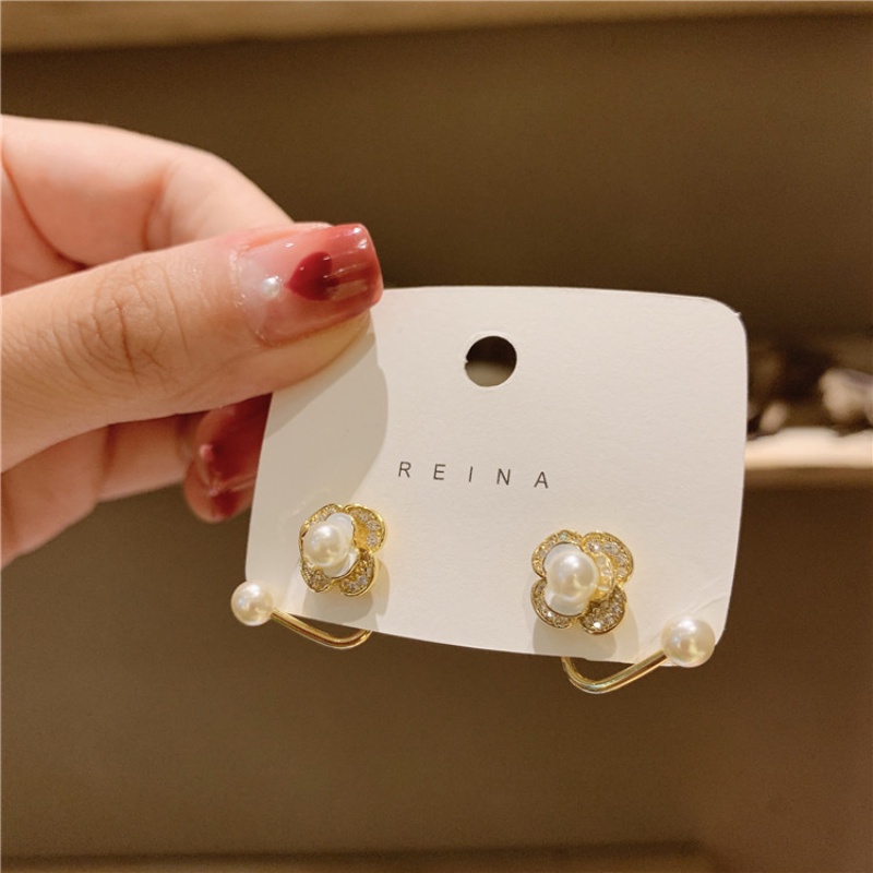 Fashion Korea Wanita Anting Mutiara Bunga Putih Elegan