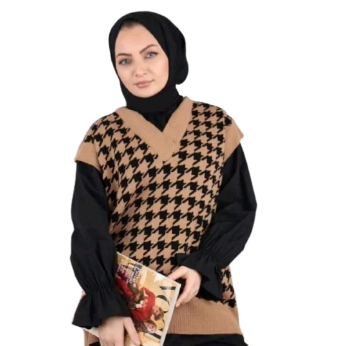 pojoksweater.id - Korean Vest Houndstooth V Neck Kualitas Terbaik