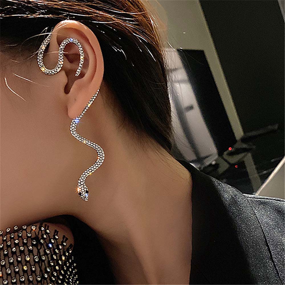 Needway  Personality Clip Earrings Punk Cuff Earrings Snake Shape  Ear Hook Women Exaggerated Creativity Girls Crystal Hip Hop Fashion Jewelry