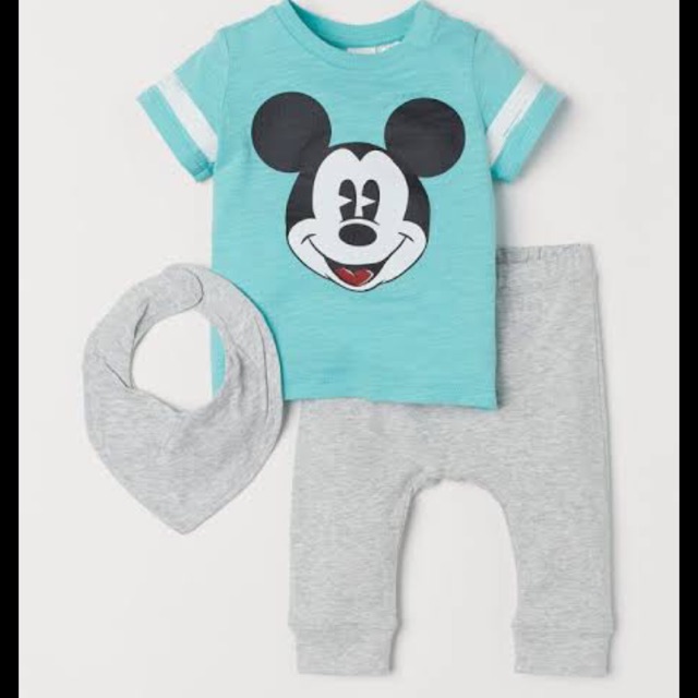 H&M 3 set mickey mouse baju celana bib anak