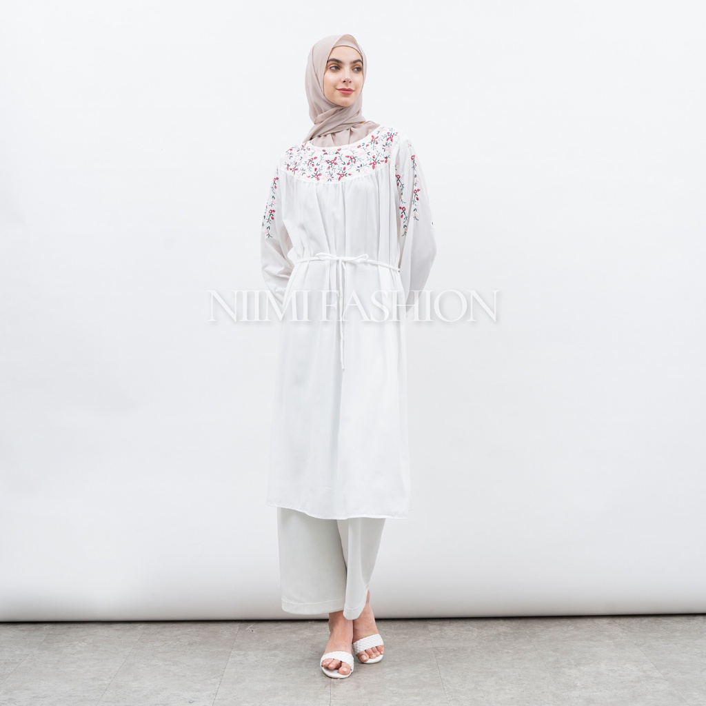 NIMI - Madina Dres Midi Dress Putih Bordir Tunik Putih Premium