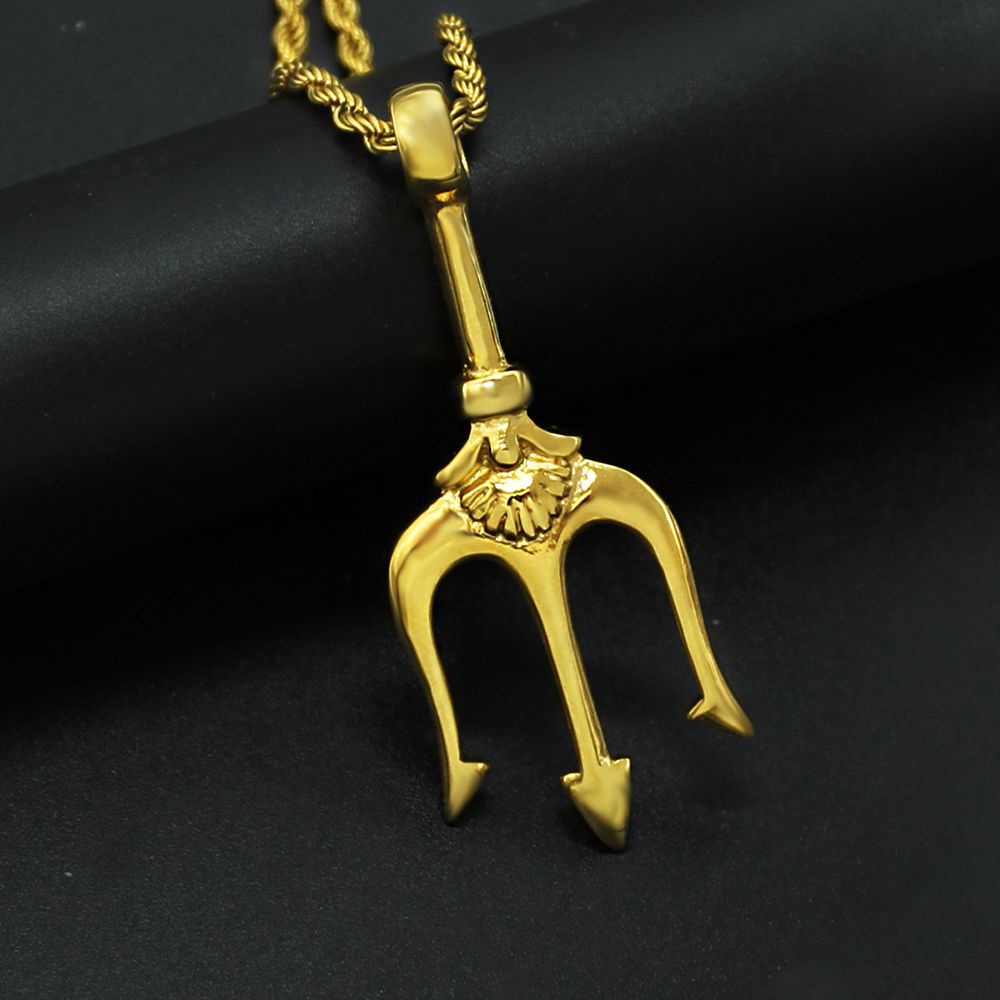 Kalung Rantai Liontin Trisula Unik Bahan Stainless Steel Gaya Hip Hop Korea Untuk Pria Dan Wanita