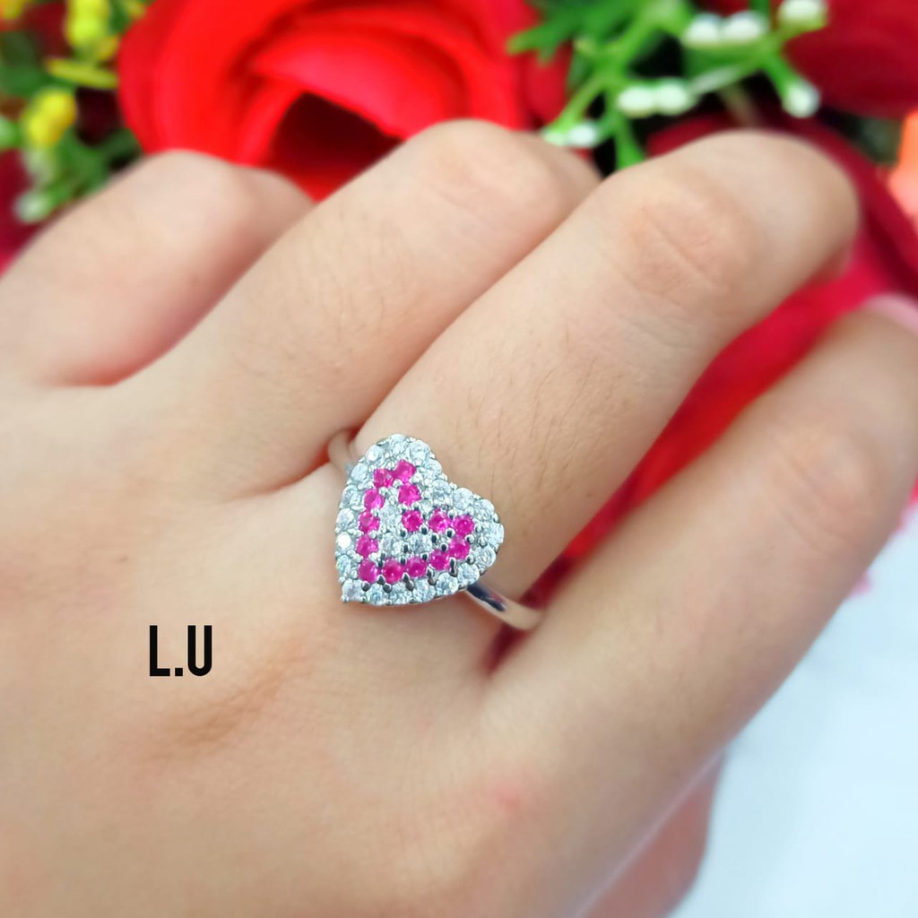 Cincin Dewasa Full Permata Kombinasi Motif Love Perhiasan Wanita Gold dan Silver limited e