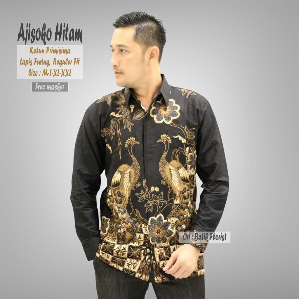 Batik Lengan Panjang Warna Hitam Batik Lapis Furing Bahan Katun Primisima Kemeja Batik AJISOKO HITAM