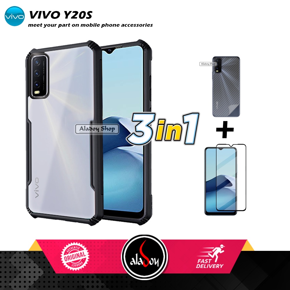 Case VIVO Y20S Armor Fushion Transparent Casing + Tempered Glass Full Layar dan Skin Carbon