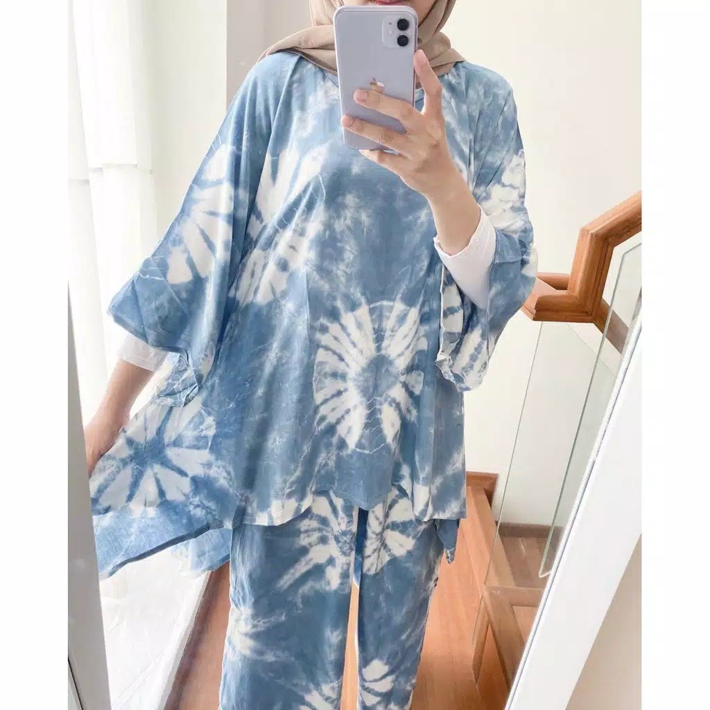 One Set Tie Dye Batik Jumputan Biru Setelan Shibori Homeset Daily Homewear Gaul Hits Kekinian