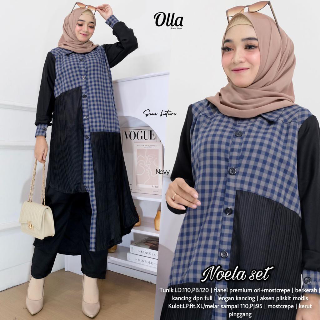 NOELA SET BY OLLA / SETELAN BLOUSE DAN KULOT BERBAHAN FLANEL DAN DENIM SUPERNOVA / SETELAN BUSANA MU