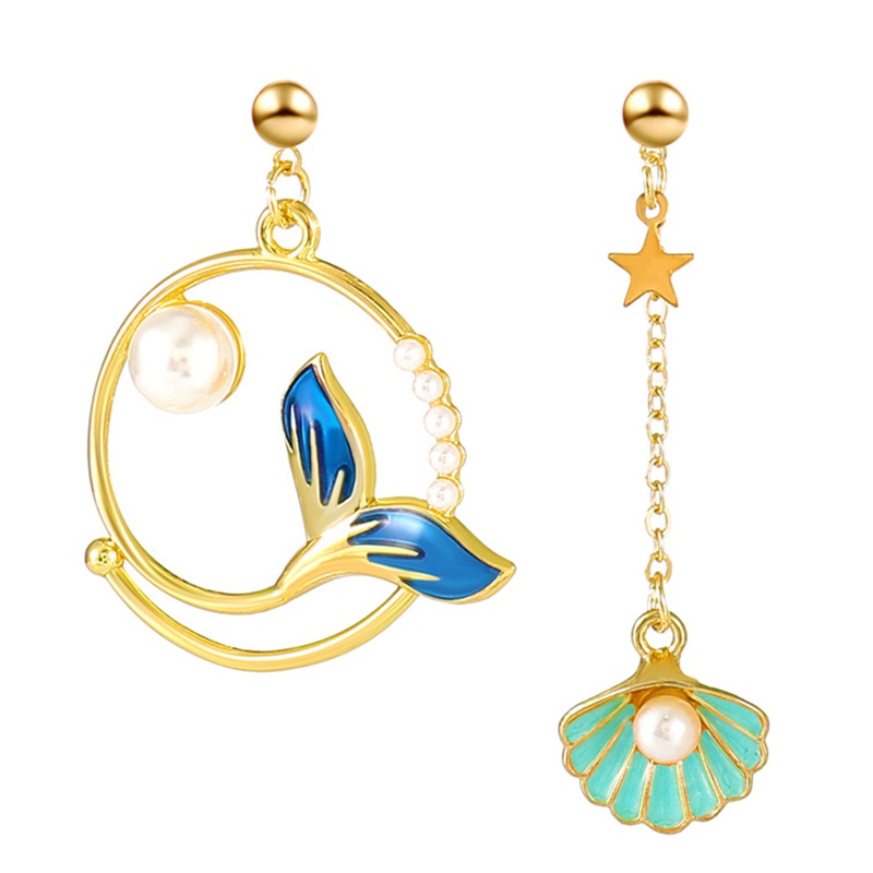 Fancyqube Anting Klip Desain Mermaid Asimetris Warna Biru Laut Untuk Wanita