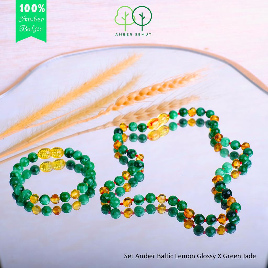 PROMO FREE GELANG - Kalung Amber Baltic Lemon Glossy X Green Jade by AMBER SEMUT