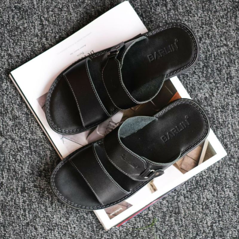 BRLN 005 Black Sandal Pria Casual Terbaru Full Kulit Asli Warna Hitam Sendal Selop Kerja Casual Santai