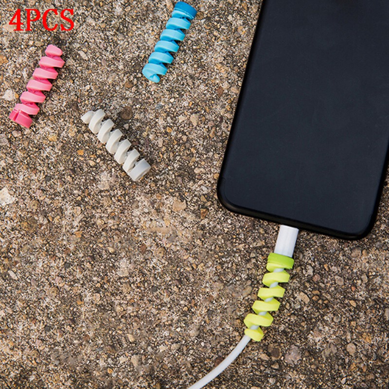 (Ele) 4pcs Pelindung Kabel Data / Charger Bentuk Spiral Warna Putih