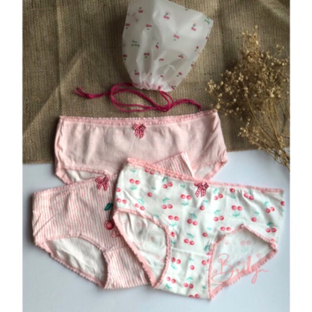 COD CHERRY BRIEFS SET 3pcs POUCH (celana dalam wanita,briefs,underwear wanita,celana menstruasi