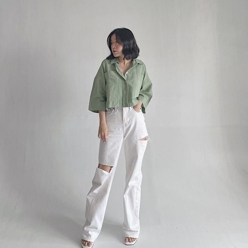 Kemeja Gita Rami Basic Shirt//Kemeja Crop kekinian//kemeja oversize terbaru-Gita 7/8 Mint