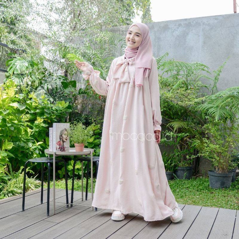 Dress Lebaran Premium Bahan Crincle Embroidery timbul lengan karet baby pink baby blue hitam