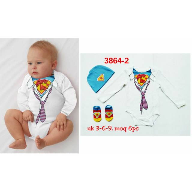 Jumper pendek lengan panjang putih superhero+kaos kaki+topi kupluk