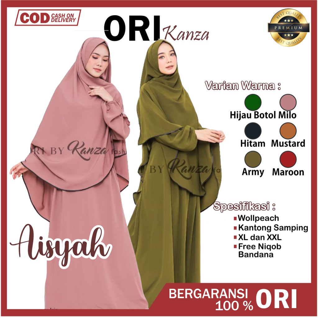 Gamis Syar'i polos jumbo free cadar bandana Aisyah Ori Kanza Fashion