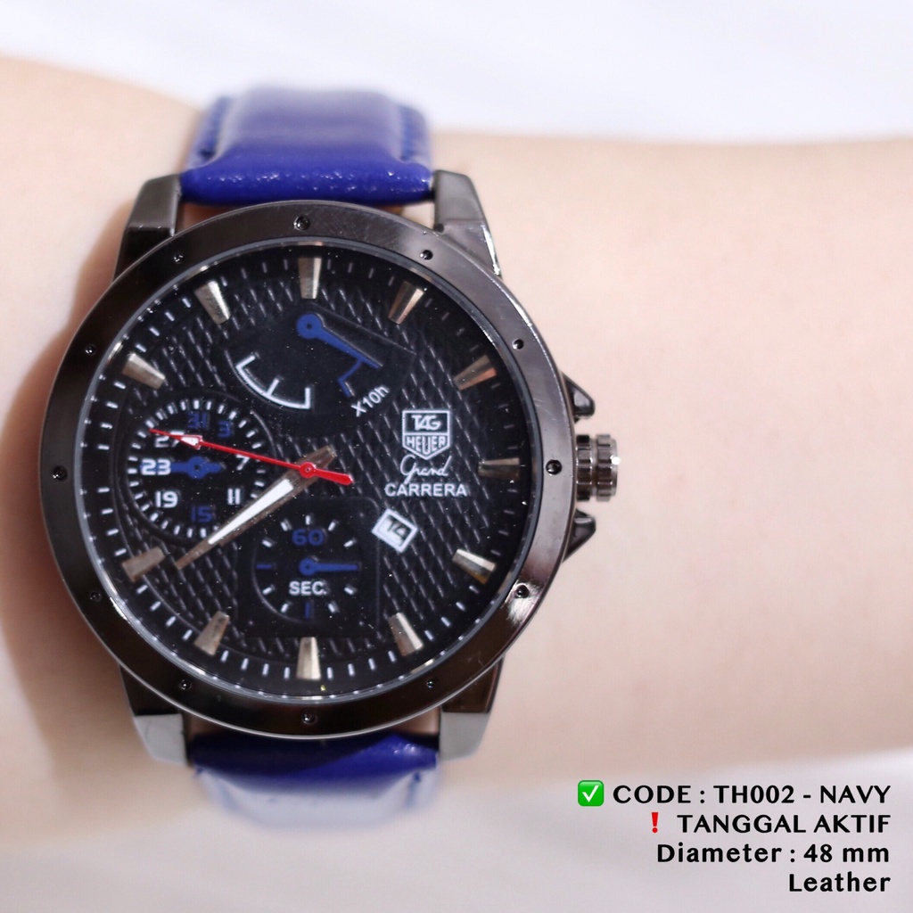 Jam tangan pria tanggal aktif tali kulit leather free baterai fashion cowok TH001