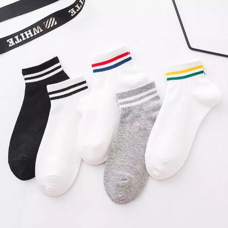 Kaos Kaki Korea Style Casual Sport Motif Garis Bahan Katun Warna Polos Medium Sock