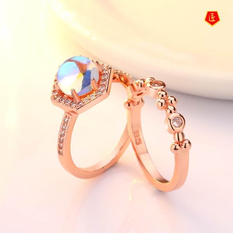 [Ready Stock]Inlaid Moonstone Ring 925 Silver Simple All-Match
