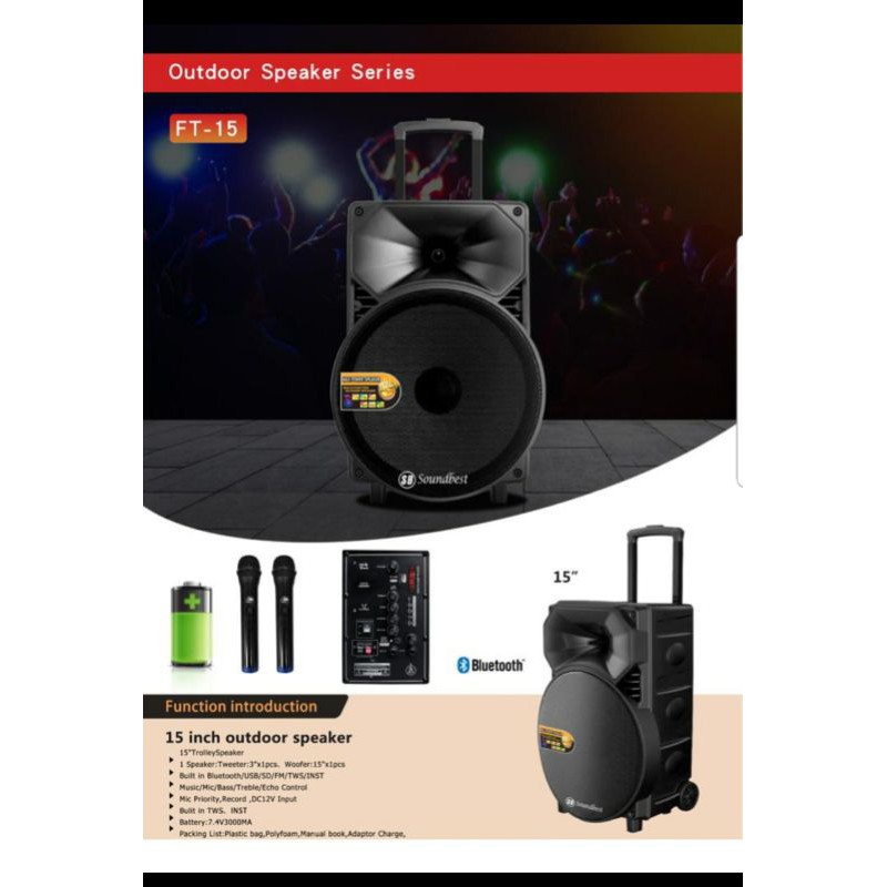 SPEAKER BLUETOOTH PORTABLE SOUNDBEST FT15/FT 15 15 INCH USB-BLUETOOTH