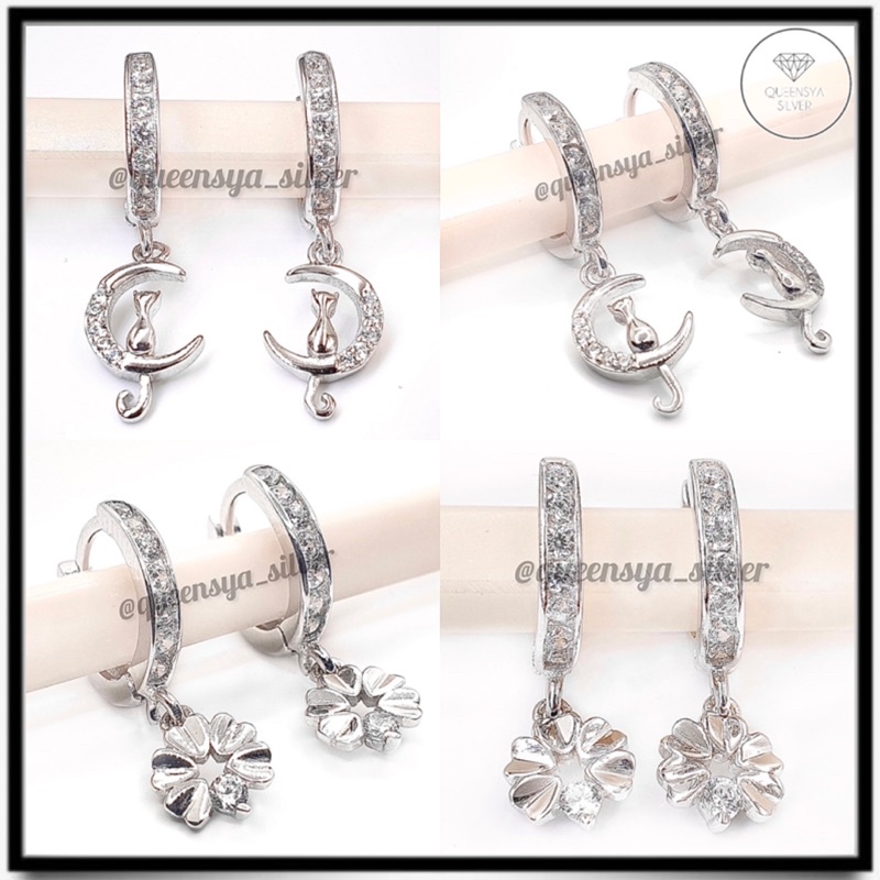 Anting Perak Asli Silver 925 || Model Anting Jepit Donat Gantung Variasi || 5 Hearts Flower &amp; Moon Cat || Lapis Mas Putih || Aksesoris Perhiasan Fashion Korea Remaja &amp; Wanita