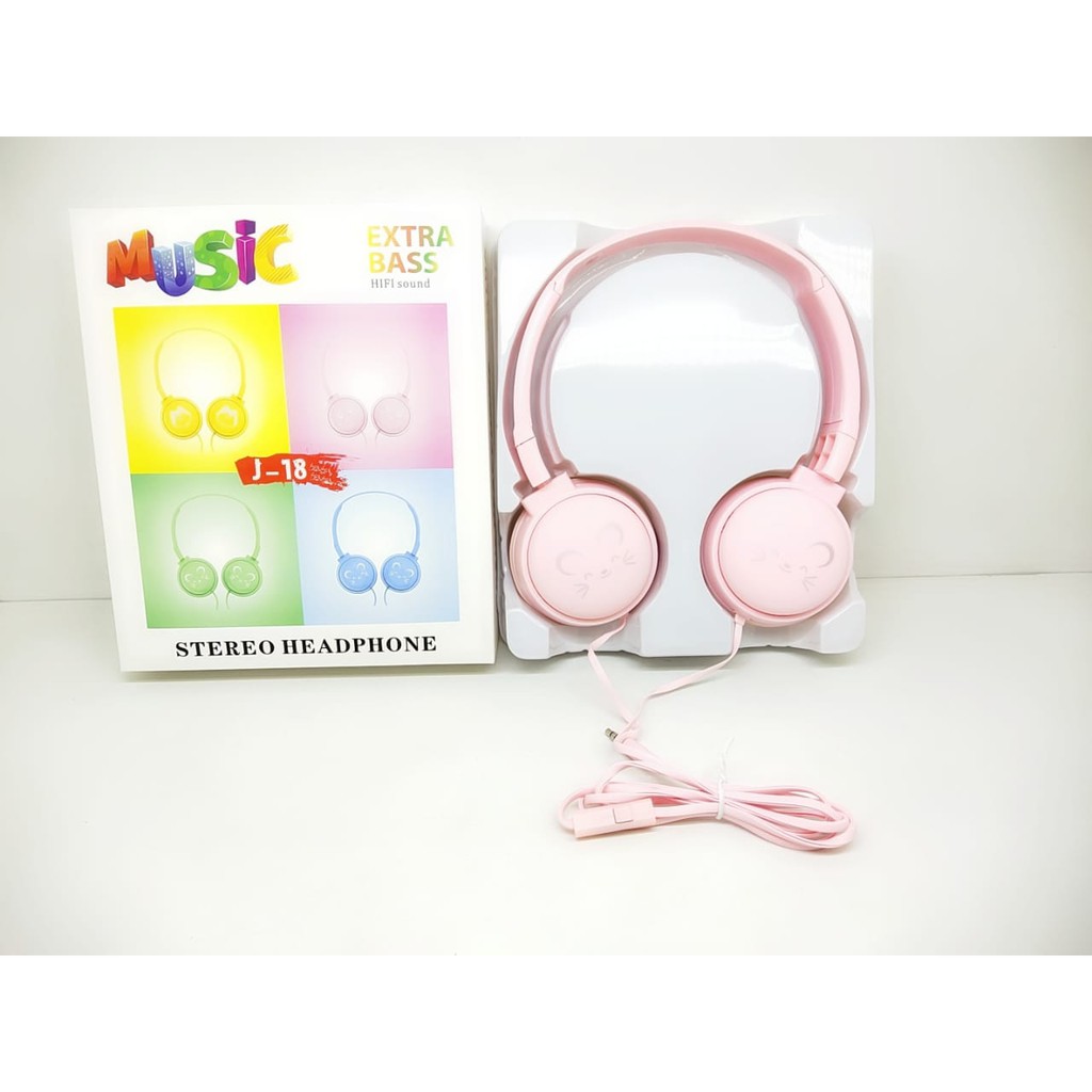 J18 Headphone Macaron Cartoon Cat with Microphone 3.5mm Wired Music Headset Stereo