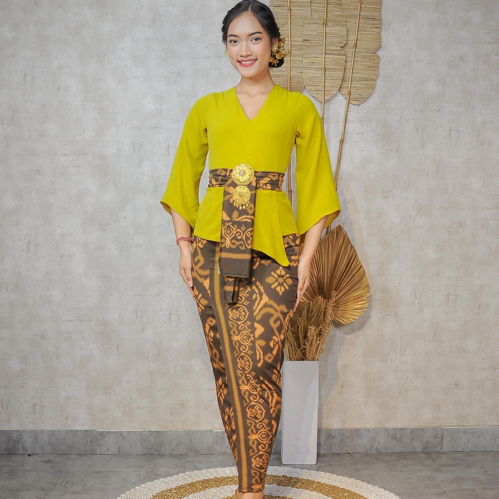 (kode 3) ONE SET KEBAYA JADI AIR FLOW KIMONO LONCENG+KAMEN MOSCREPE+SELENDANG-Kuning sandat