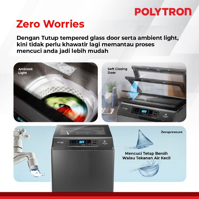 POLYTRON Mesin Cuci Top Loading Otomatis Zeromatic Laguna 9Kg PAW 9028