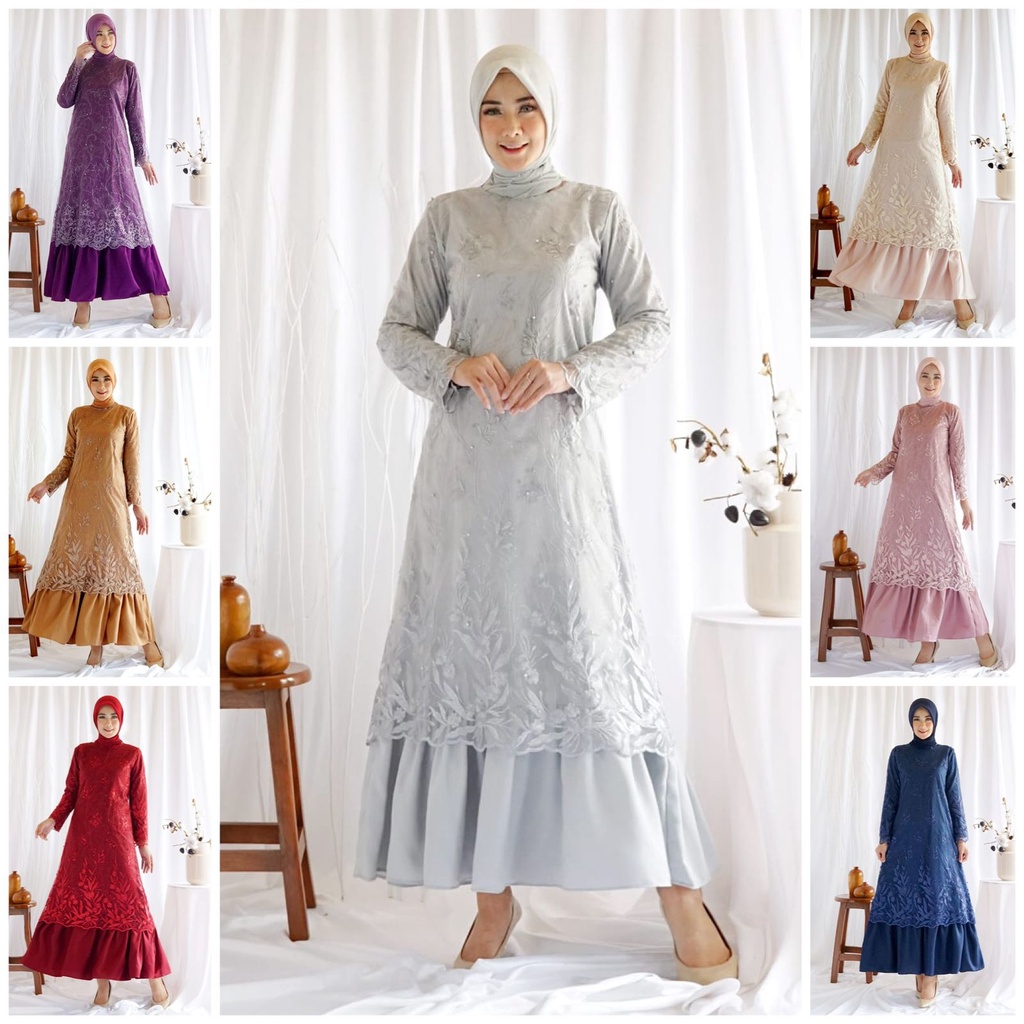 Gamis FARASYA FULL Brukat Tile DEPAN BELAKANG 8 warna Maxi Dress Gamis Pesta Kondangan Mewah