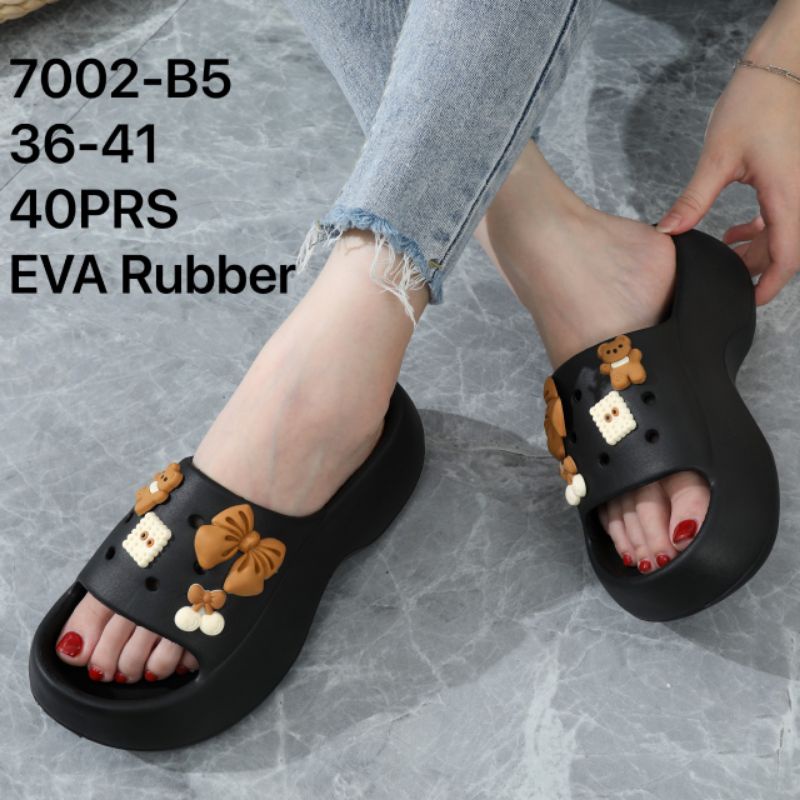 READY SANDAL SELOP WEDGES CLOG SHOES JELLY WANITA KAK FUJI JIBBITZ PIN TEDDY BEAR 7002