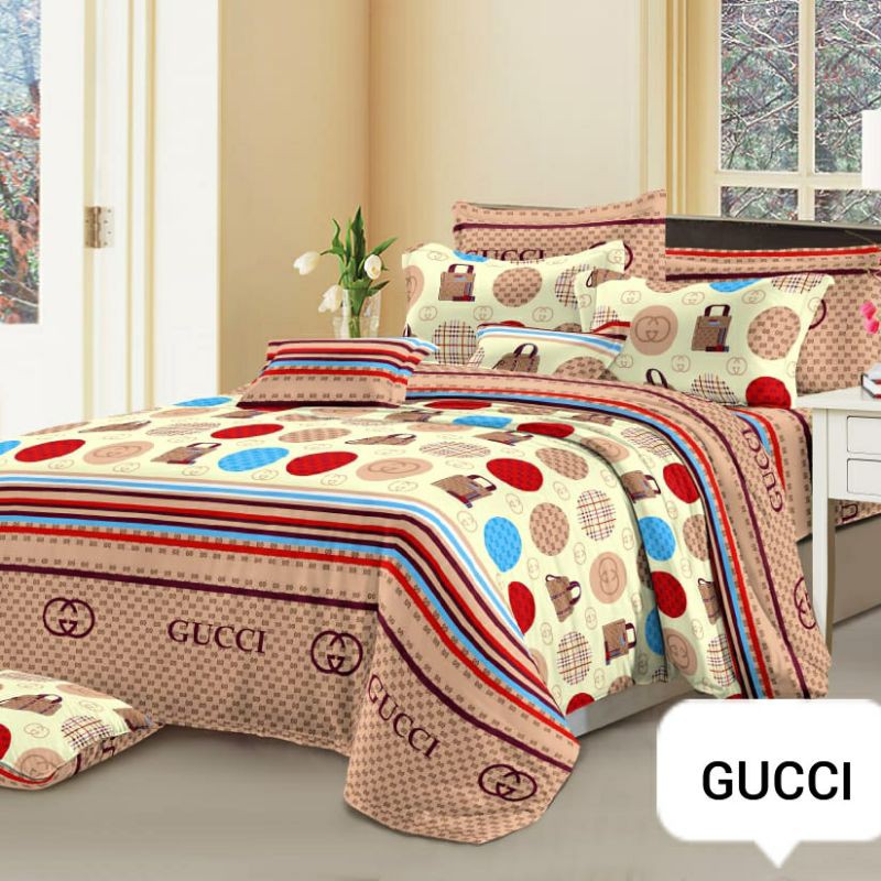 SPREI SET 2 SARUNG BANTAL 1 SARUNG GULING MOTIF GUCCI UKURAN NO.1 180X200 TERBARU TERLARIS