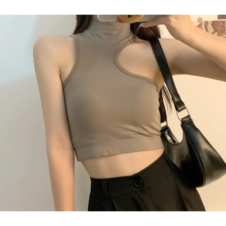 Tanktop Crop halter neck atasan crop top bra dalaman tank top korea cut side-Coklat