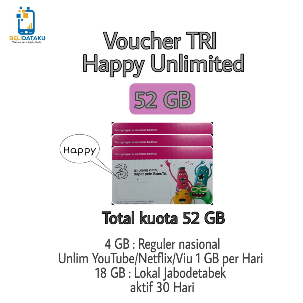 VOUCHER DATA TRI HAPPY UNLIMITED 52GB