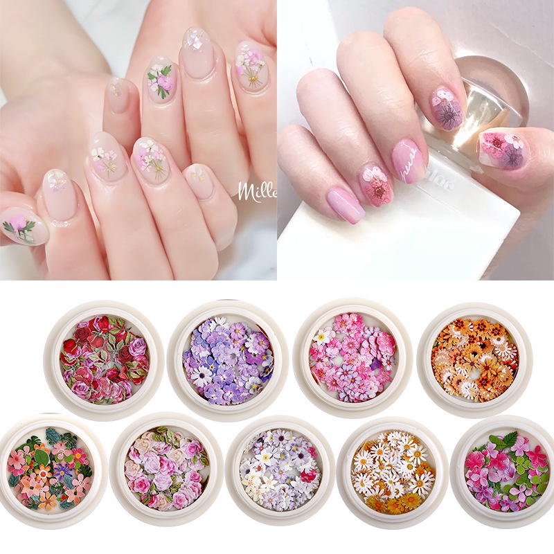 50 Pcs Stiker Nail Art UV Gel Polish Desain Bunga Kering 3D Aneka Warna Untuk Dekorasi Manicure