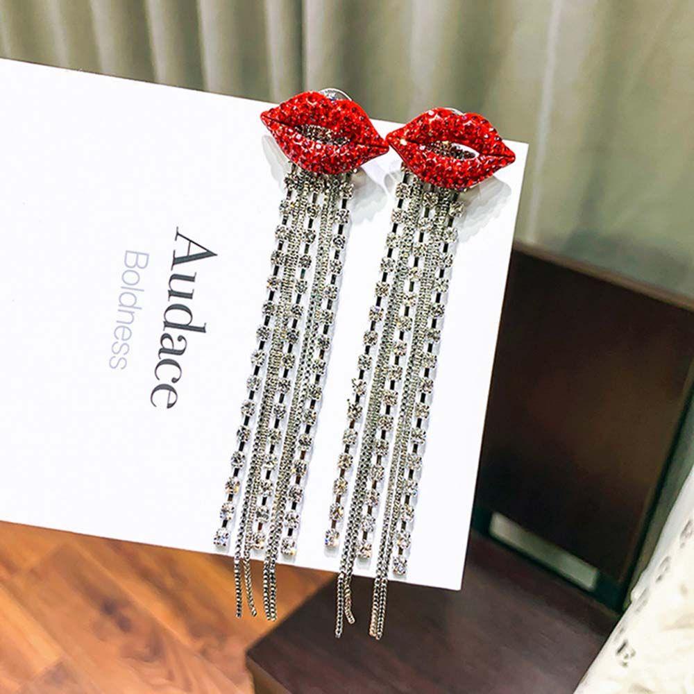 Needway Stud Earrings Pernikahan Mewah Fashion Aksesoris Mulut Berlian Imitasi Bibir Merah Kristal Menjuntai Earring