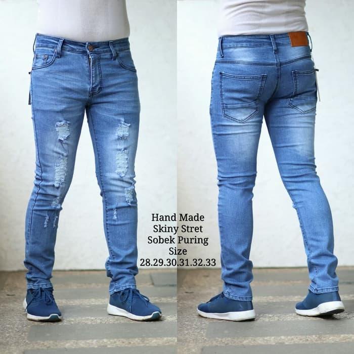 Celana jeans panjang sobek lutut / ripped jeans distro / skinny stretch pria size 27-38