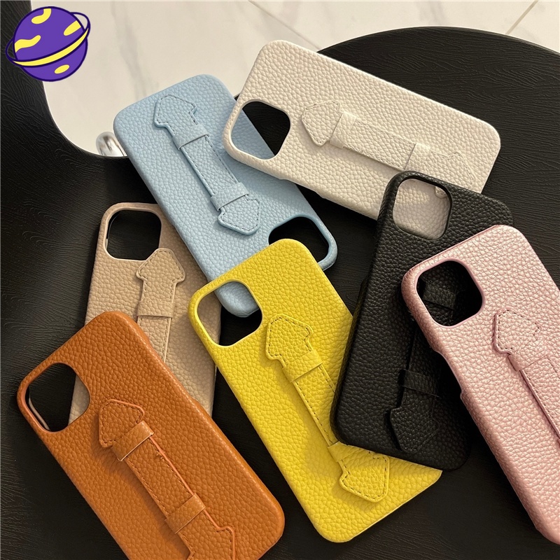 Case Bahan Kulit Tekstur Litchi Dengan Wristband Untuk iPhone 11 12 13 Pro Max